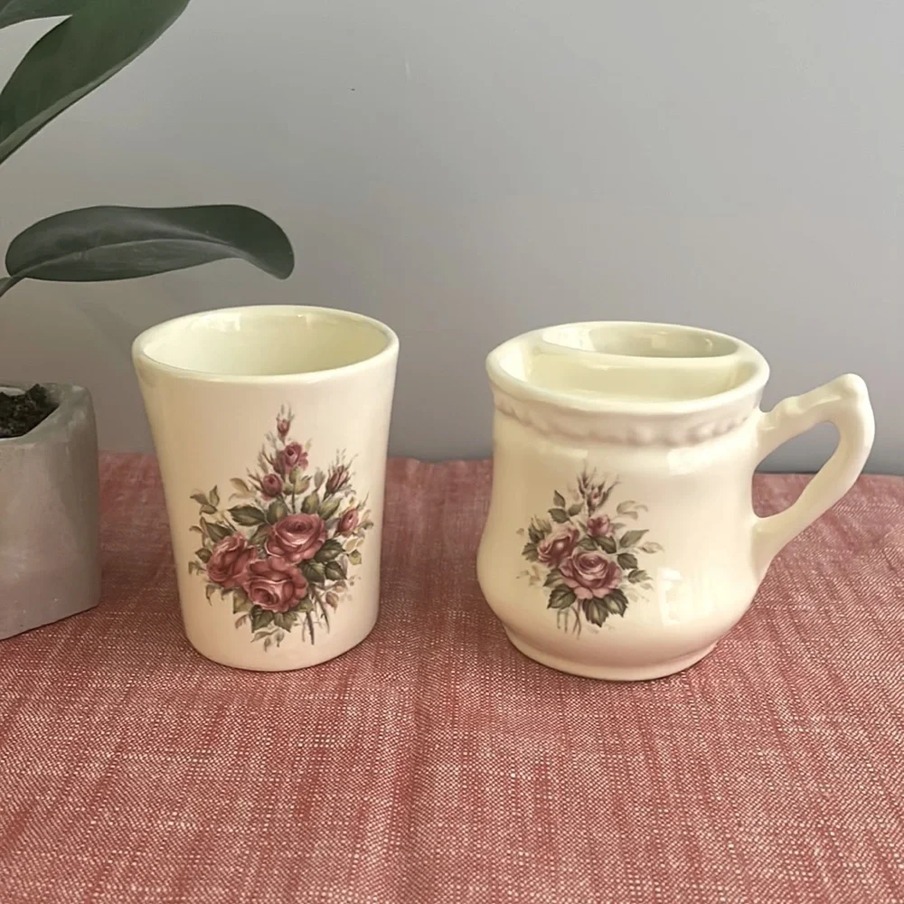 Vintage Collectable ATHENA Pink/Burgundy Roses SHAVING MUG Set. Or toothbrush